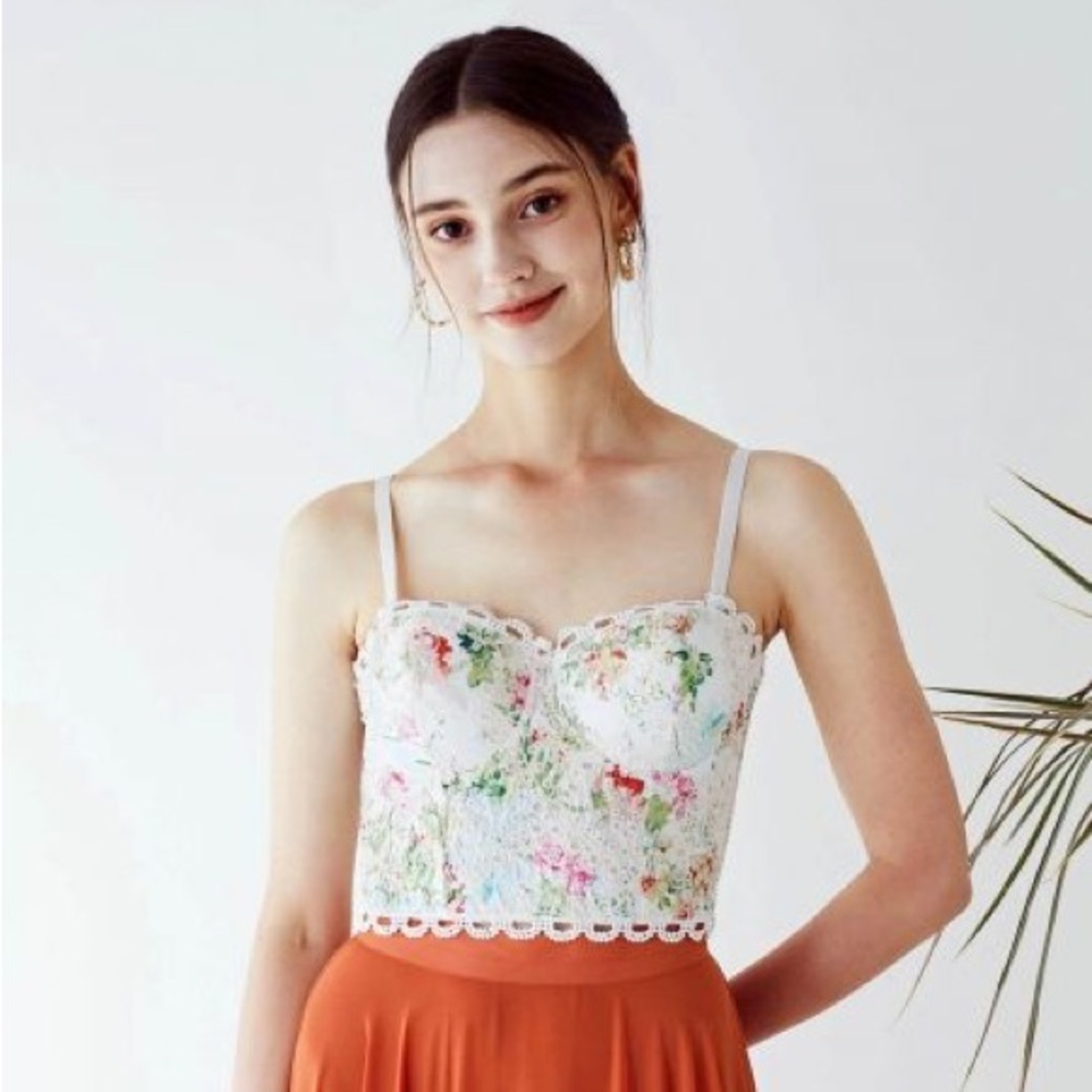 Monet Garden Floral Embroidered Adjustable Bustier Crop Top Size Large